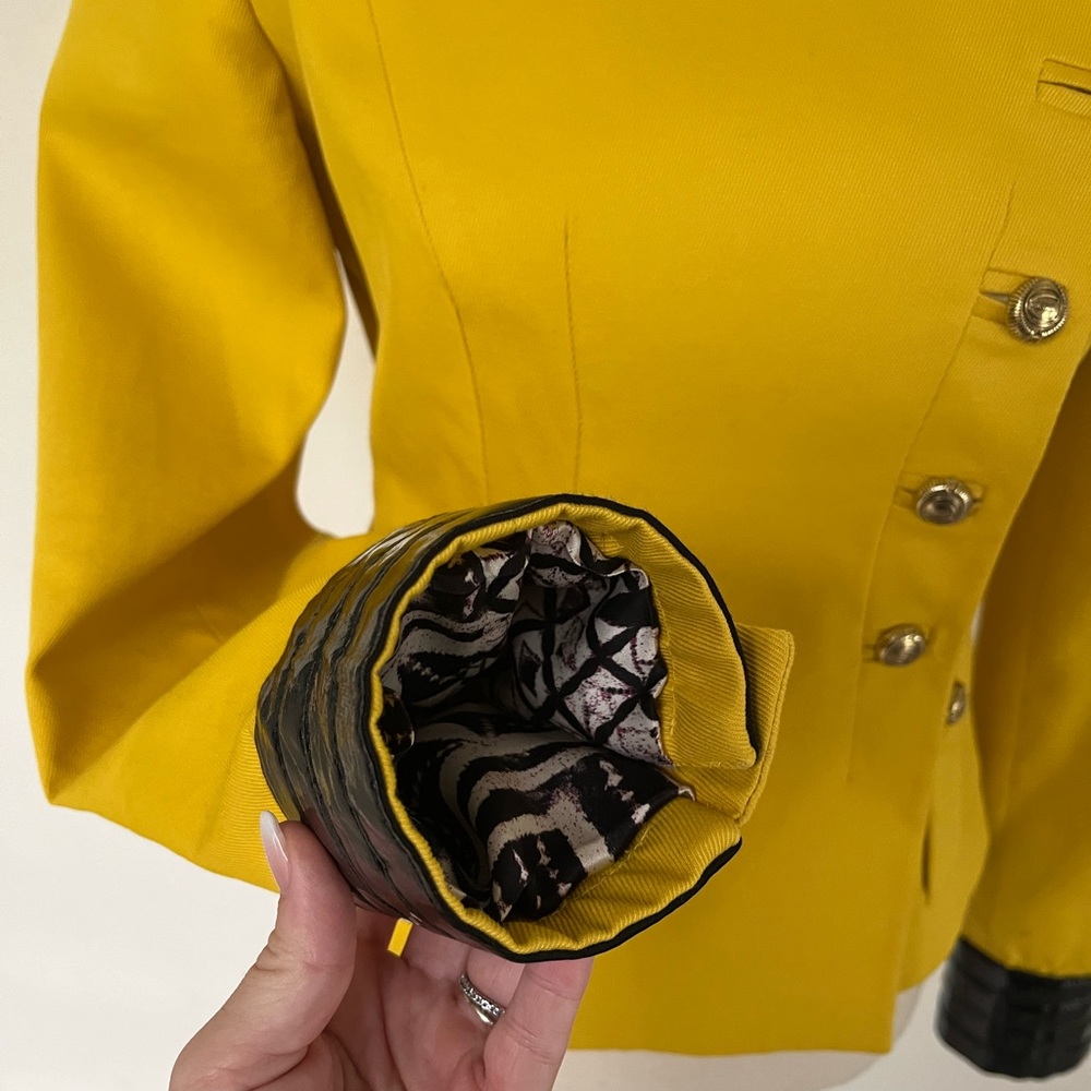 Just Cavalli Military Jacket Yellow Leather Trim Designer Blazer Italy Size 6 - Picture 4 of 15